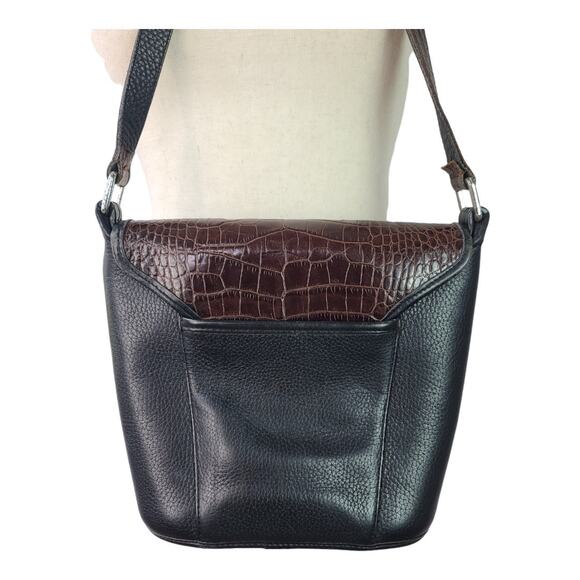 Brighton Black Brown Leather Reptile Embossed Crossbody Vintage Bag Purse - Picture 3 of 5